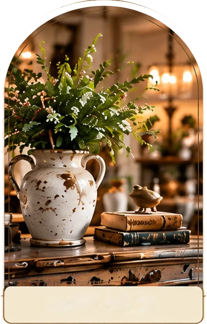 Chipped ironstone pitcher with greenery and old books