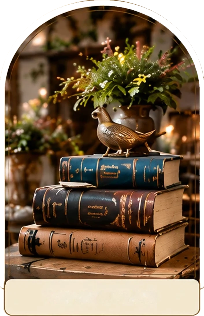 A stack of gilt-lettered antique books with a brass bird