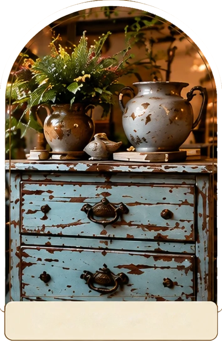 A chippy robin's-egg blue dresser topped with silver pitchers