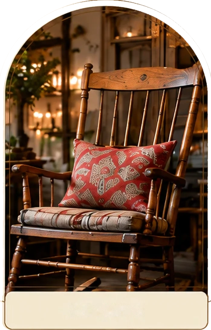 A wooden rocking chair with a red embroidered pillow